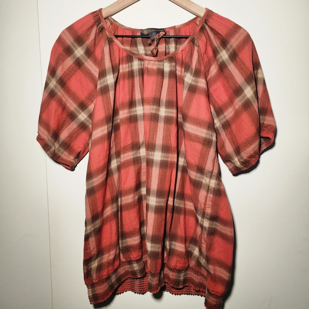 Outback Red Plaid Blouse Womens Large Terracotta Brown Excellent Smocked Hem